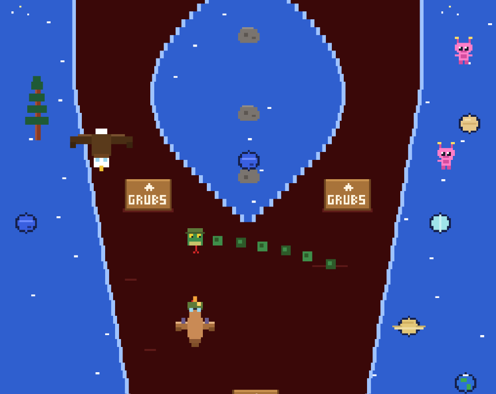 Captain Clooky: a chicken pilot flying up a dark red space river past an eagle, an anaconda, pink aliens and planets