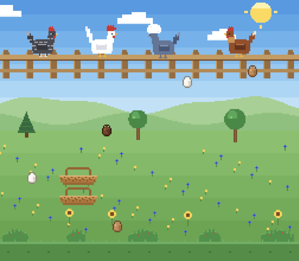 Egg Scramble: pixel-art hens on a fence dropping eggs into baskets in a flowery meadow